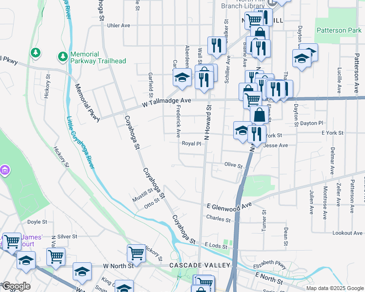 map of restaurants, bars, coffee shops, grocery stores, and more near 56 Royal Place in Akron