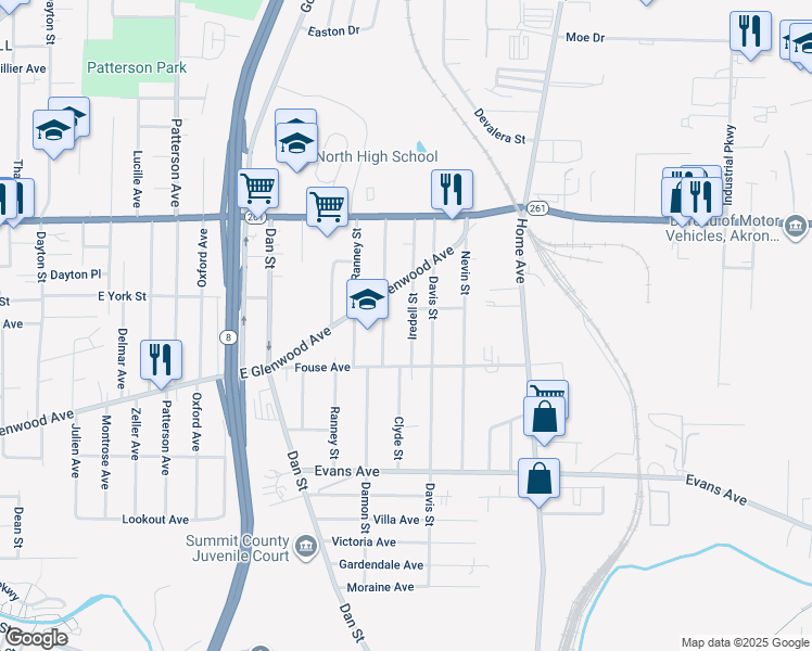 map of restaurants, bars, coffee shops, grocery stores, and more near 821 Damon Street in Akron
