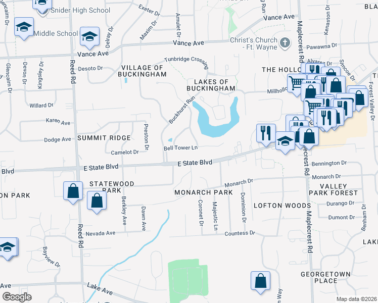 map of restaurants, bars, coffee shops, grocery stores, and more near 5610 E State Blvd in Fort Wayne