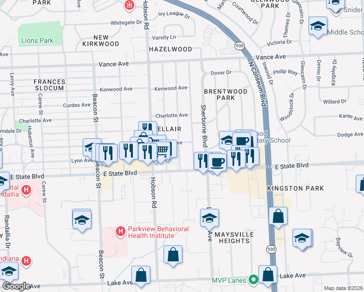 map of restaurants, bars, coffee shops, grocery stores, and more near 2430 Nordholme Avenue in Fort Wayne