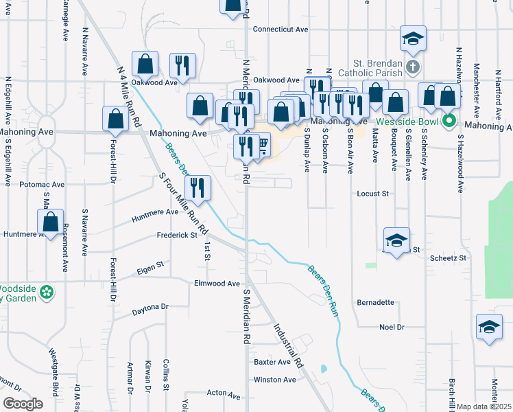 map of restaurants, bars, coffee shops, grocery stores, and more near 151 South Meridian Road in Youngstown