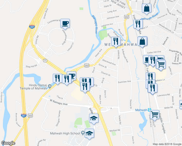 map of restaurants, bars, coffee shops, grocery stores, and more near 21 Avenue A in Mahwah