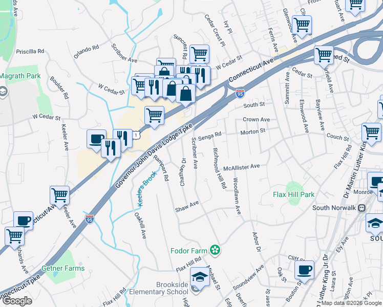 map of restaurants, bars, coffee shops, grocery stores, and more near 28 Chatham Drive in Norwalk
