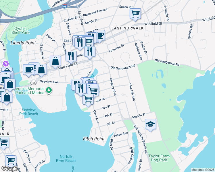 map of restaurants, bars, coffee shops, grocery stores, and more near in Norwalk