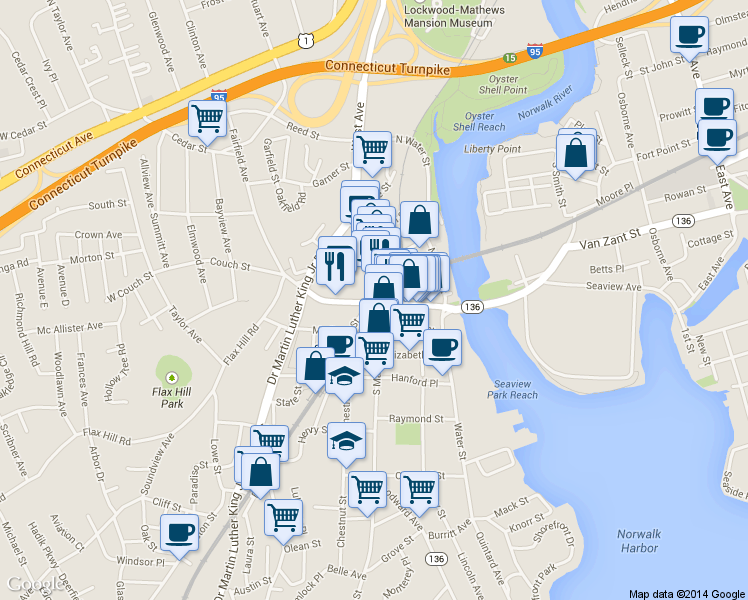 map of restaurants, bars, coffee shops, grocery stores, and more near 23 South Main Street in Norwalk