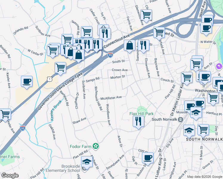 map of restaurants, bars, coffee shops, grocery stores, and more near 36 Avenue D in Norwalk