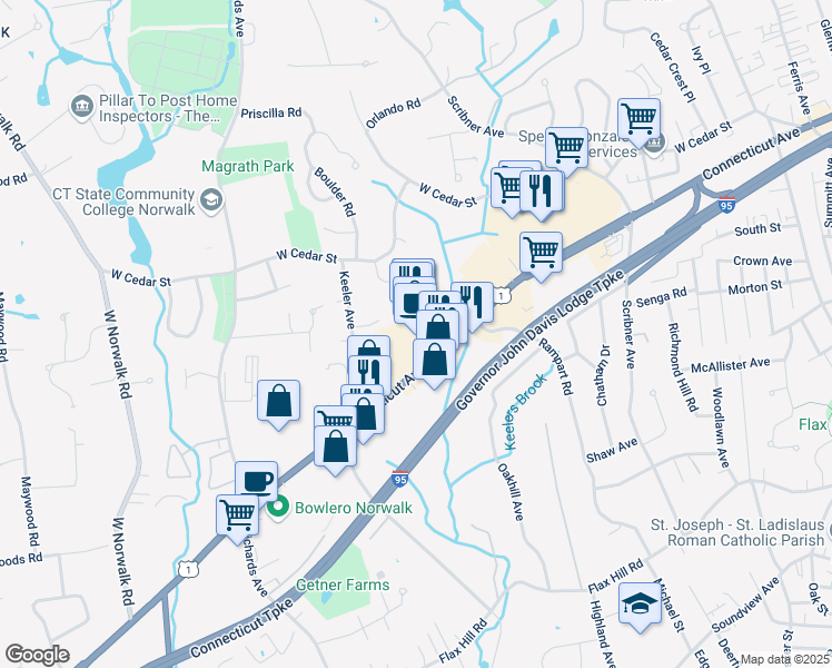 map of restaurants, bars, coffee shops, grocery stores, and more near 524 Connecticut Avenue in Norwalk