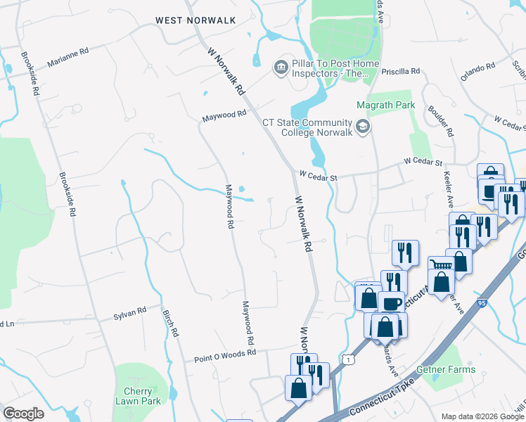 map of restaurants, bars, coffee shops, grocery stores, and more near 1 Flintlock Road in Norwalk