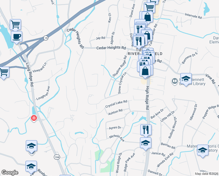 map of restaurants, bars, coffee shops, grocery stores, and more near 156 Shadow Ridge Road in Stamford