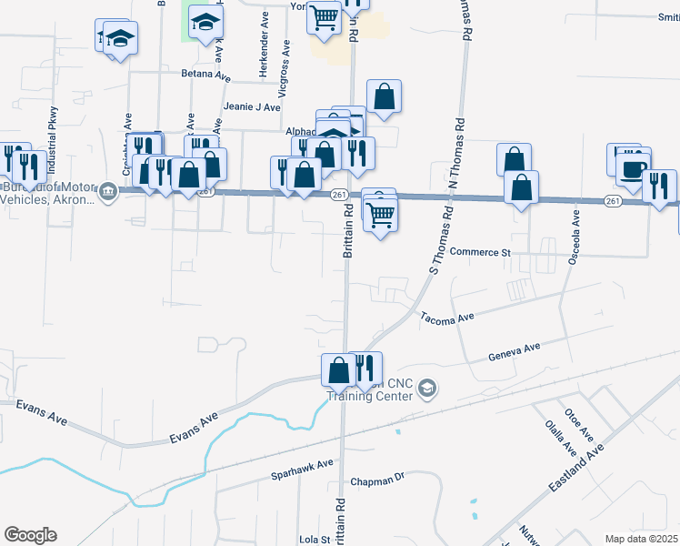 map of restaurants, bars, coffee shops, grocery stores, and more near 1304 Brittain Road in Akron