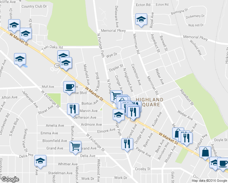 map of restaurants, bars, coffee shops, grocery stores, and more near 40 North Portage Path in Akron
