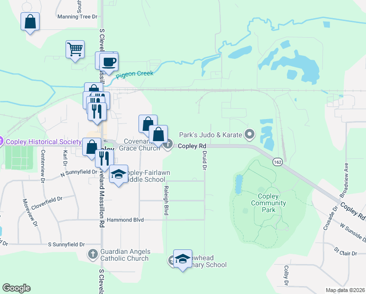 map of restaurants, bars, coffee shops, grocery stores, and more near 3390 Copley Road in Akron