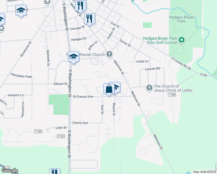 map of restaurants, bars, coffee shops, grocery stores, and more near 175 Saint Francis Avenue in Tiffin