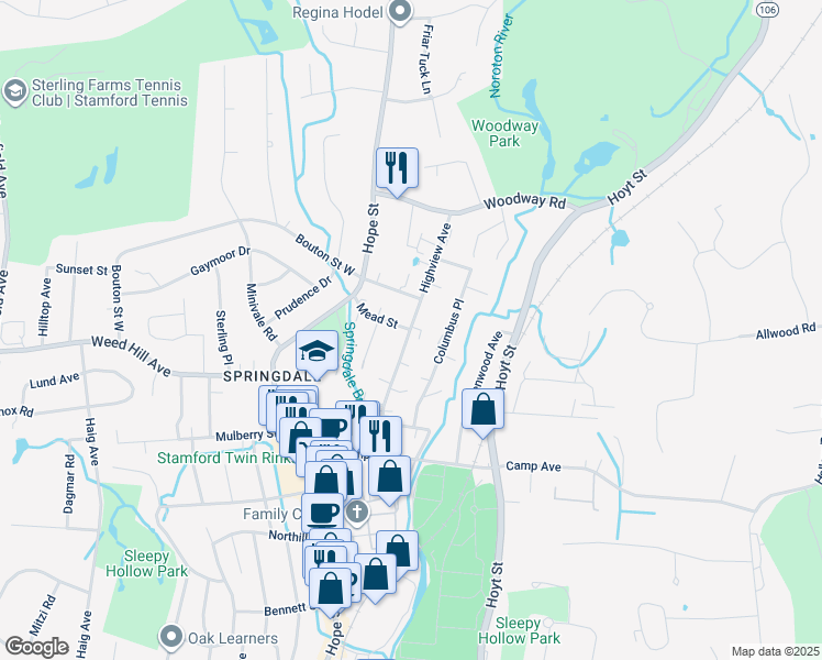 map of restaurants, bars, coffee shops, grocery stores, and more near 107 Highview Avenue in Stamford