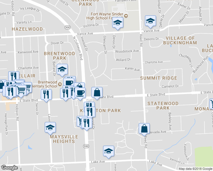 map of restaurants, bars, coffee shops, grocery stores, and more near 4381 Lynwood Court in Fort Wayne
