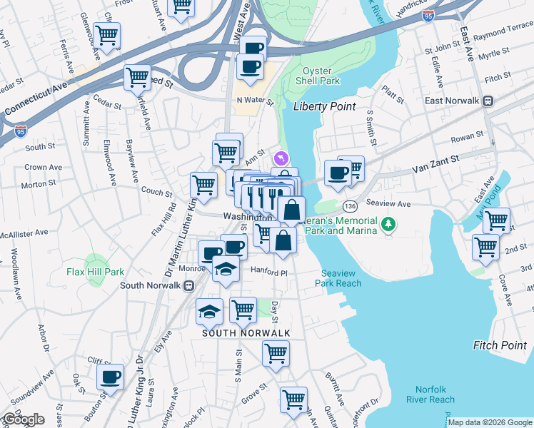 map of restaurants, bars, coffee shops, grocery stores, and more near 137 Washington Street in Norwalk