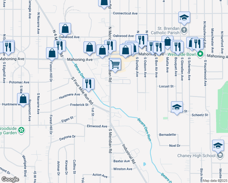 map of restaurants, bars, coffee shops, grocery stores, and more near 151 South Meridian Road in Youngstown