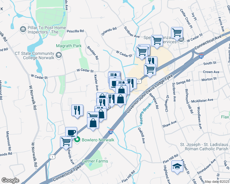 map of restaurants, bars, coffee shops, grocery stores, and more near 500 Connecticut Avenue in Norwalk