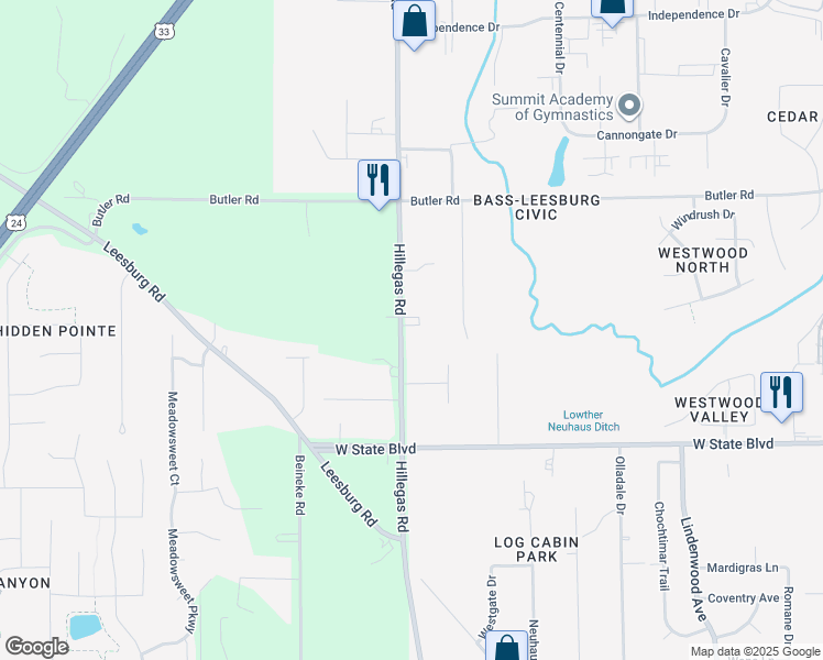 map of restaurants, bars, coffee shops, grocery stores, and more near 2608 Hillegas Road in Fort Wayne