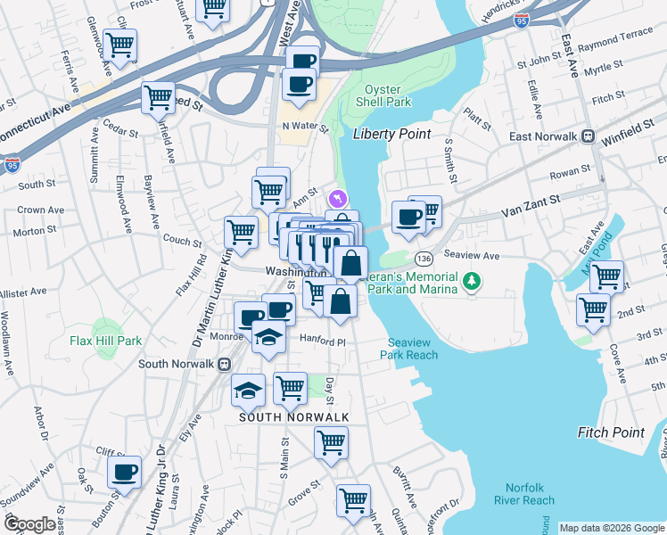 map of restaurants, bars, coffee shops, grocery stores, and more near 131 Washington Street in Norwalk