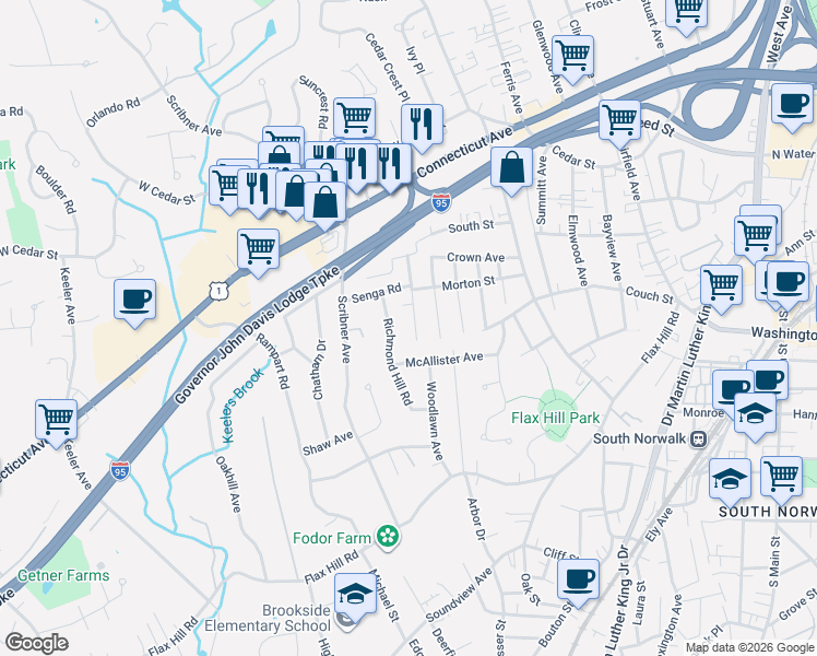 map of restaurants, bars, coffee shops, grocery stores, and more near 30 Richmond Hill Road in Norwalk