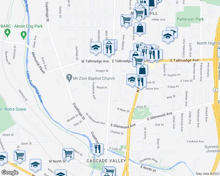 map of restaurants, bars, coffee shops, grocery stores, and more near N Howard St & Royal Pl in Akron