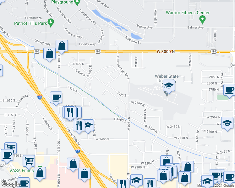 map of restaurants, bars, coffee shops, grocery stores, and more near 1928 1025 South in Clearfield