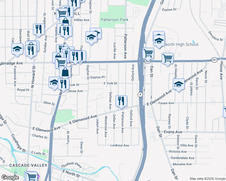 map of restaurants, bars, coffee shops, grocery stores, and more near 471 Delmar Avenue in Akron
