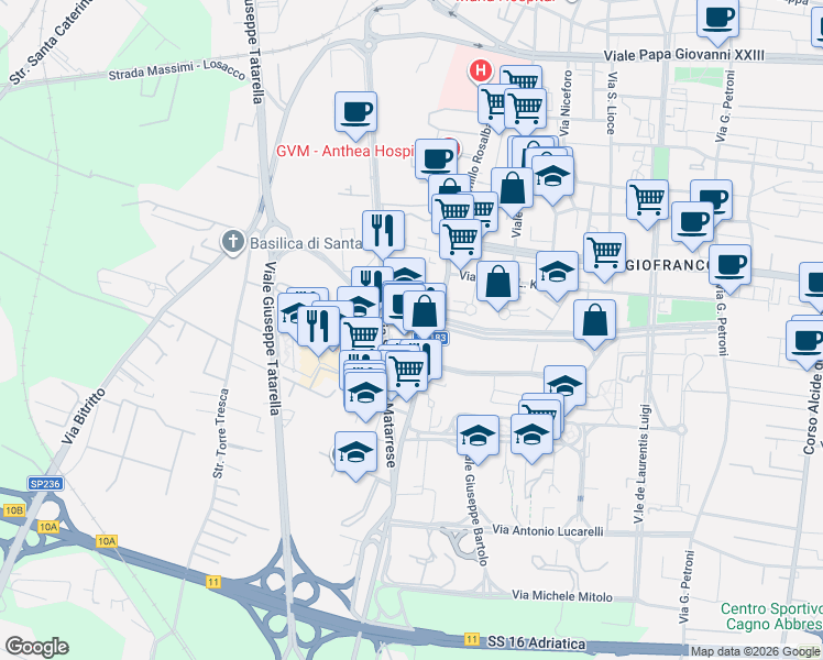 map of restaurants, bars, coffee shops, grocery stores, and more near 43 Via Camillo Rosalba in Bari