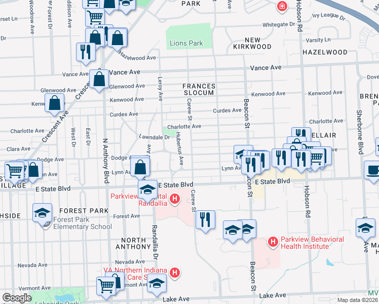 map of restaurants, bars, coffee shops, grocery stores, and more near 2321 Dodge Avenue in Fort Wayne