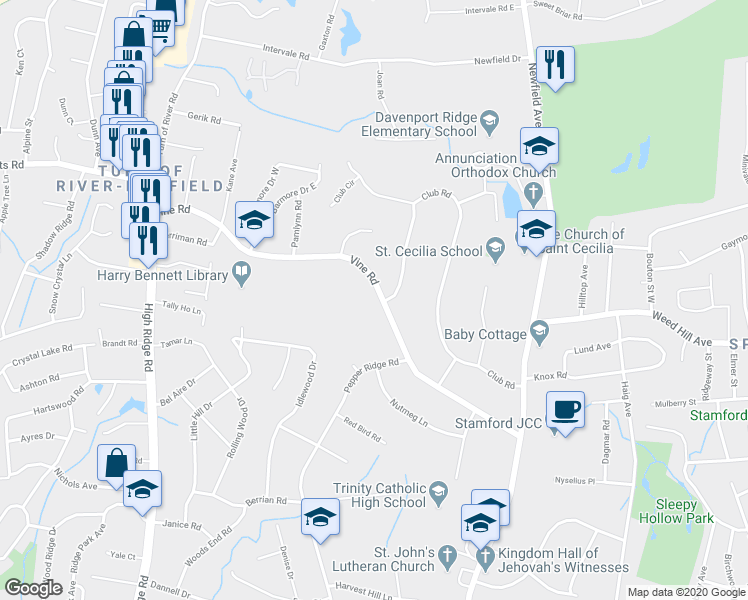 map of restaurants, bars, coffee shops, grocery stores, and more near 255 Vine Road in Stamford