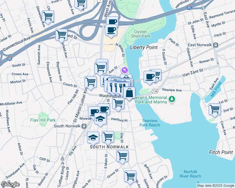 map of restaurants, bars, coffee shops, grocery stores, and more near 99 Washington Street in Norwalk