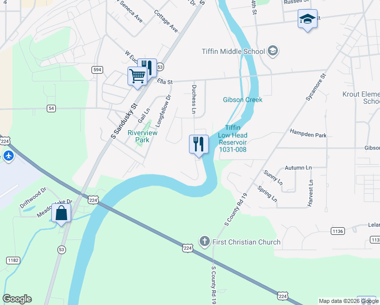map of restaurants, bars, coffee shops, grocery stores, and more near 18 Duchess Lane in Tiffin