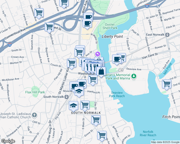 map of restaurants, bars, coffee shops, grocery stores, and more near in Norwalk