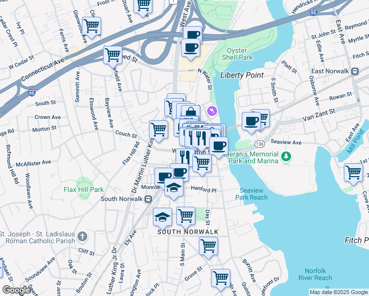 map of restaurants, bars, coffee shops, grocery stores, and more near 23 South Main Street in Norwalk