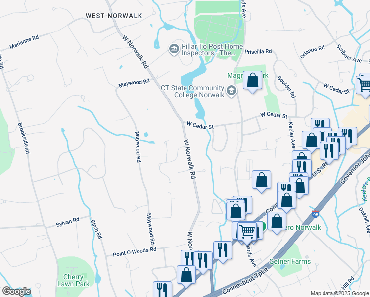 map of restaurants, bars, coffee shops, grocery stores, and more near 9 Powder Horn Road in Norwalk