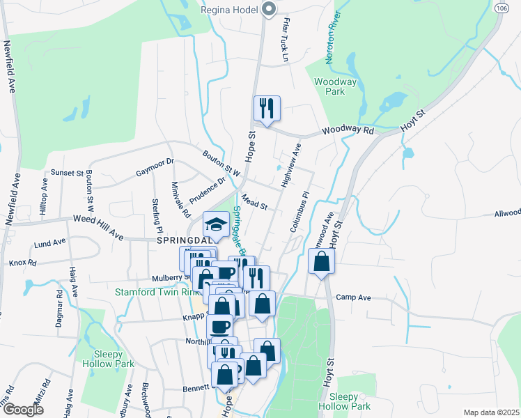 map of restaurants, bars, coffee shops, grocery stores, and more near 21 Oenoke Place in Stamford