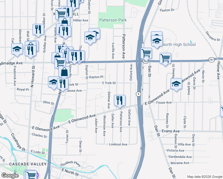 map of restaurants, bars, coffee shops, grocery stores, and more near 471 Delmar Avenue in Akron