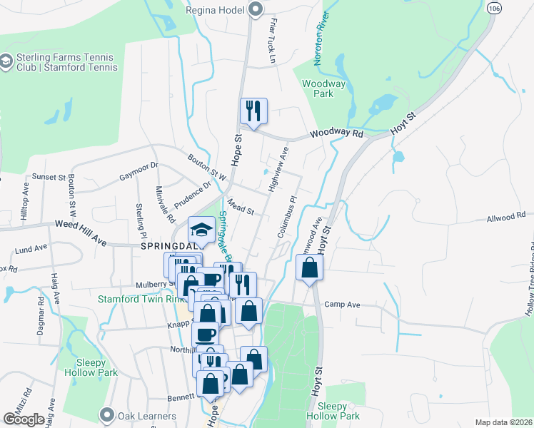 map of restaurants, bars, coffee shops, grocery stores, and more near 95 Highview Avenue in Stamford