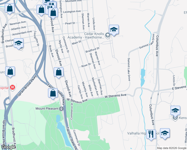 map of restaurants, bars, coffee shops, grocery stores, and more near 72 Cliff Street in Hawthorne