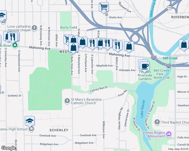 map of restaurants, bars, coffee shops, grocery stores, and more near 167 South Lakeview Avenue in Youngstown