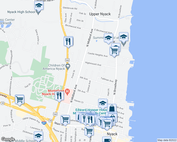 map of restaurants, bars, coffee shops, grocery stores, and more near 31 Central Avenue North in Nyack