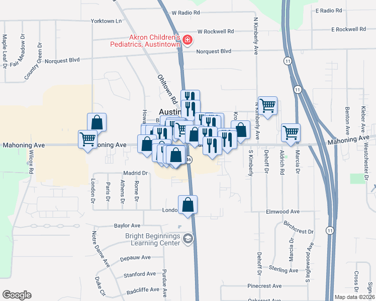map of restaurants, bars, coffee shops, grocery stores, and more near 5499 Mahoning Avenue in Austintown