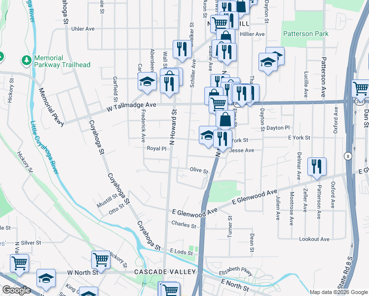 map of restaurants, bars, coffee shops, grocery stores, and more near in Akron