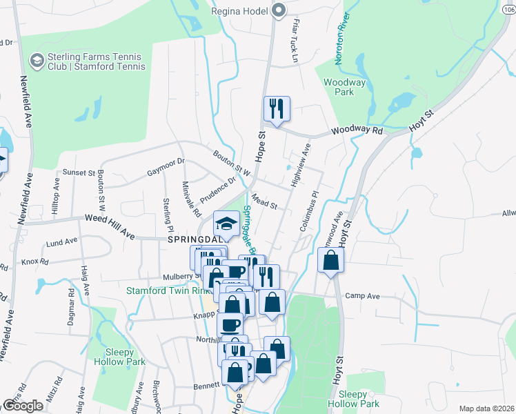 map of restaurants, bars, coffee shops, grocery stores, and more near 10 Mead Street in Stamford