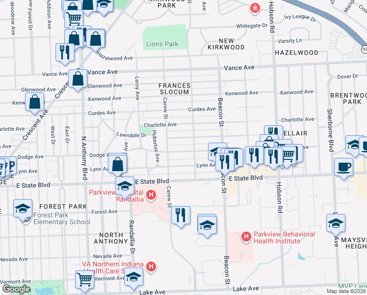 map of restaurants, bars, coffee shops, grocery stores, and more near 2501 Clara Avenue in Fort Wayne