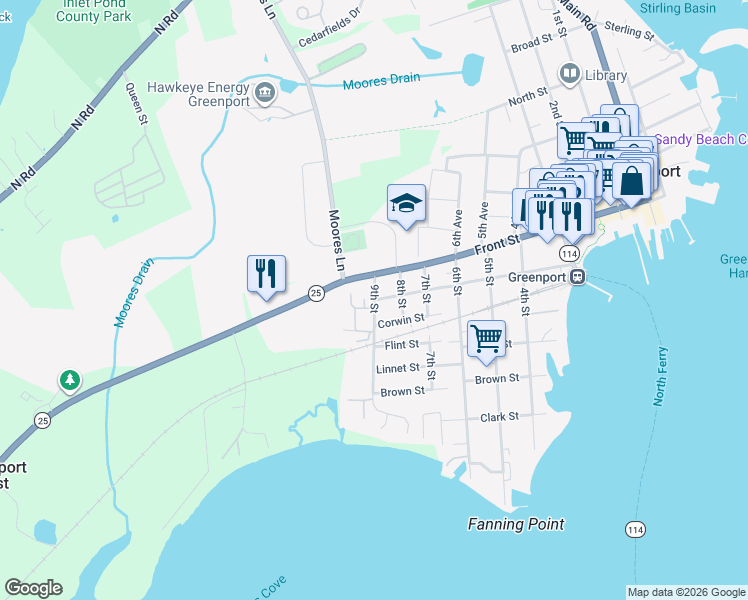 map of restaurants, bars, coffee shops, grocery stores, and more near 815 Front Street in Greenport