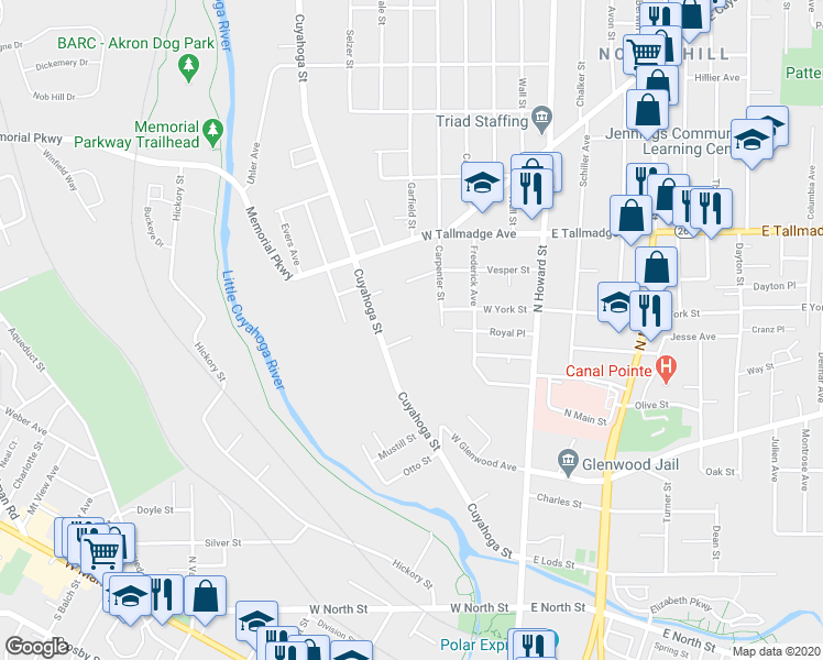 map of restaurants, bars, coffee shops, grocery stores, and more near 181 Reid Terrace in Akron