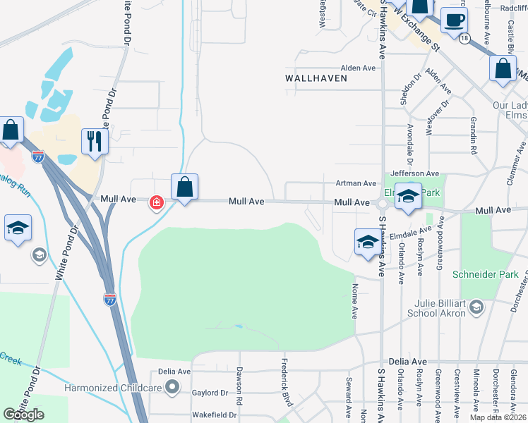 map of restaurants, bars, coffee shops, grocery stores, and more near 750 Mull Avenue in Akron