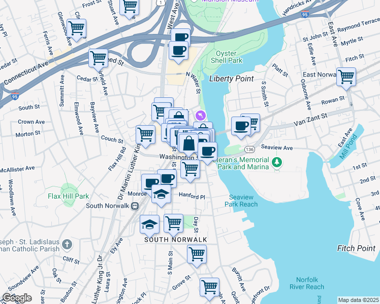 map of restaurants, bars, coffee shops, grocery stores, and more near 20 North Water Street in Norwalk